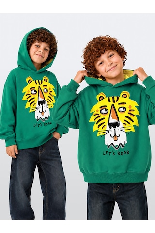 Deno Kids Denokids Erkek Çocuk Kapüşonlu Sweatshirt Kaplan Baskılı Oversize 3-8 Yaş Çok Renkli