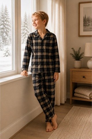 Free Beka Ekose Desenli Uzun Kollu Gömlek Yaka Düğmeli Erkek Çocuk Pijama Takımı Bej