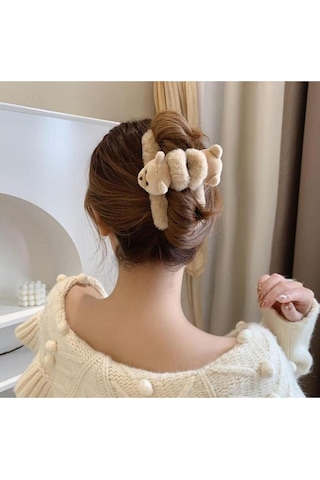 Kadın Çift Taraflı Ayıcık Peluş Mandal Toka 12 Cm Karamel