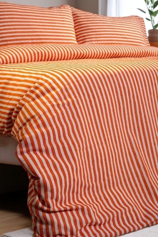 Turuncu Çizgili Keten Nevresim Yastık Seti 200x220 Cm Renkli