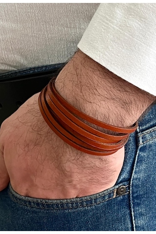 %100 Deri 6lı Kombin Erkek Bileklik Set 21 Cm Türk El Üretimi Kahverengi