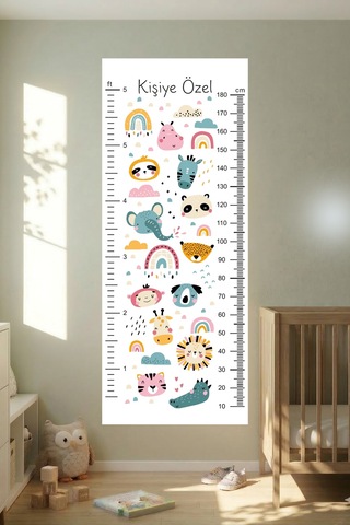 Kişiye Özel Hayvanlar Temalı Dekoratif Çocuk Boy Ölçer Sticker Duvar Cetveli Takip Çizelgesi Beyaz