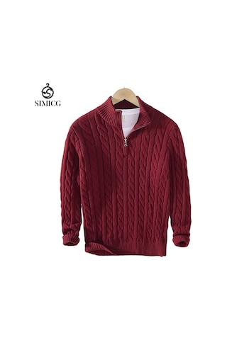Erkek Sonbahar Ve Kış Sıcak Kalın Örme Balıkçı Yaka Kazak Kırmızı