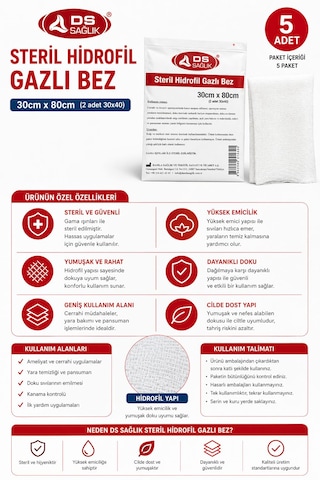 Ds Steril Hidrofil Gazlı Bez 30x80 Cm 5 Adet Yüksek Emici Yumuşak Gazlı Bezi, Çok Amaçlı Kullanım