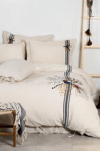Ecocotton Charla Battal Boy Nevresim Takımı %100 Organik Pamuk Kenevir Karışımlı Ekru-lacivert 240x220 Cm-1207 Ekru
