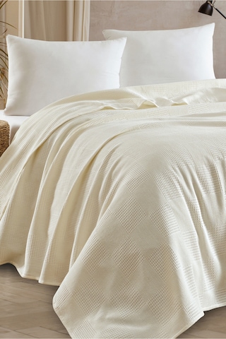 Eponj Home Battal Boy %100 Pamuk Pike Örtü 230x240cm Karo Desenli Krem Weave Serisi Krem