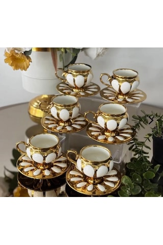 6'lı Gold Lüks Fincan Takımı-buenos 6'lı Vintage Esintili Fincan Takımı-lüks Porselen Fincan Seti Beyaz - Gold