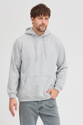 Erkek Gri Melanj Standart Fit Normal Kesim Içi Polarlı 3 Iplik Kapüşonlu Pamuklu Sweatshirt Gri Melanj