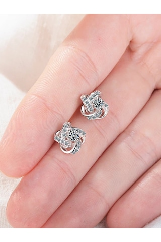 Brezza Lusso Jewelry Gümüş Zirkon Taşlı 4 Kollu Şans Kadın Kolye Küpe Set