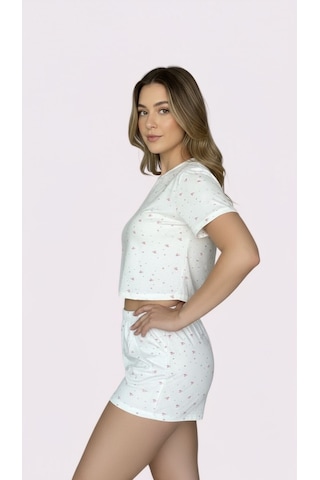 Merlot T-shirt Şort Örme Pijama Takımı Çiçek Baskılı