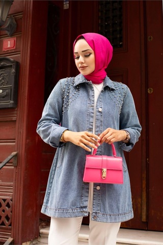 Harman Butik Kadın Kristal Taş Detaylı Denim Kot Ceket Mavi Mavi