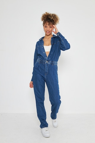 Denim Rahat Kalıp Cıt Cıt Kapamalı Tulum Koyu Mavi