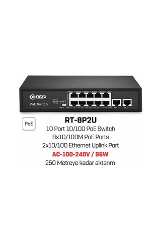 Retro Rt-8p2u 8 Port 10/100 Mbps Poe Switch 2 Uplink 10/100 Mbps