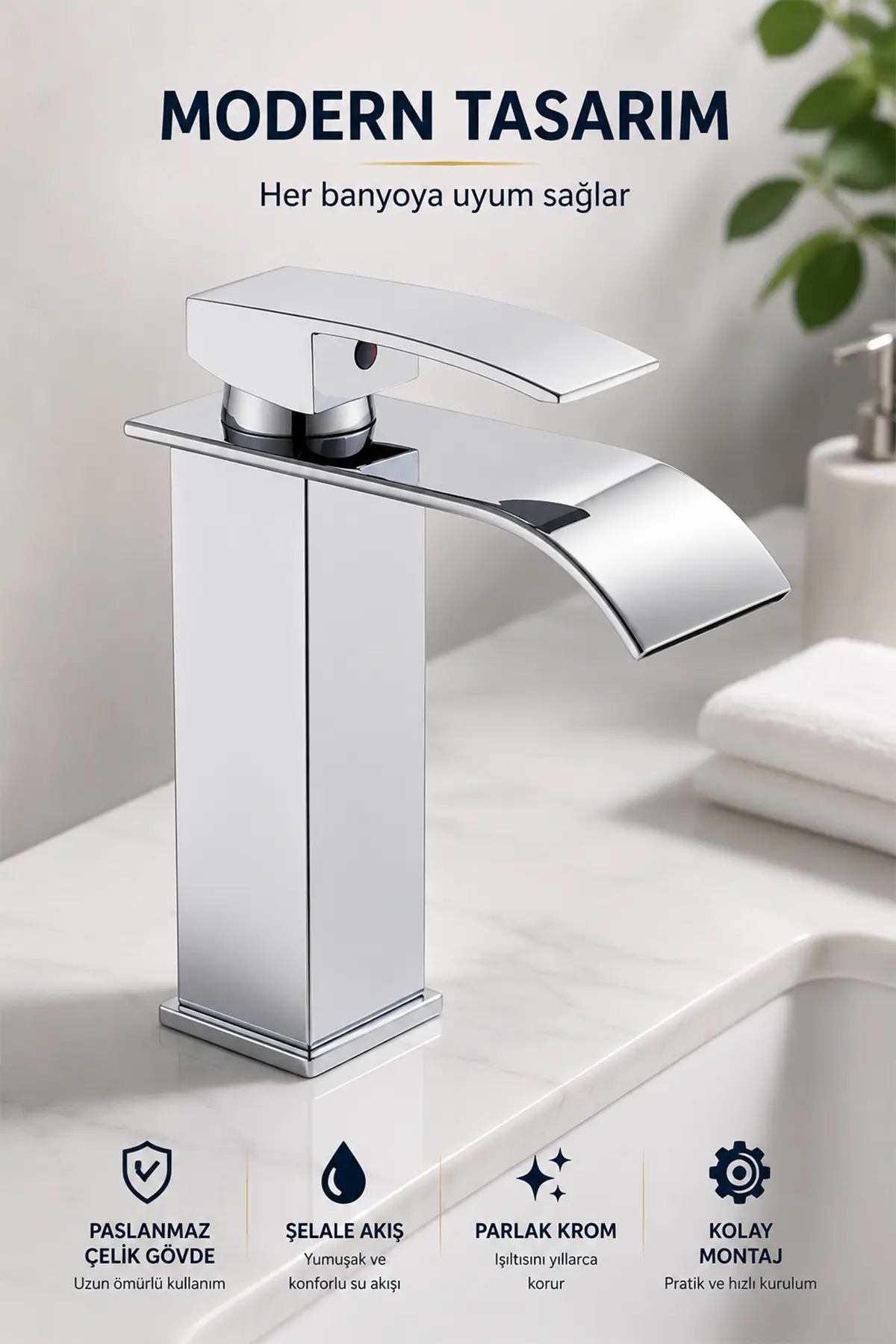 Krom Şelale Lavabo Bataryası Mat Siyah Kare Banyo Lavabo Musluğu Paslanmaz Gövde Tek Kollu Sıcak Soğuk Batarya Krom Gri