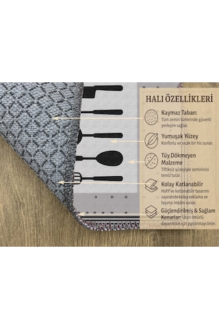 Turkıshrug Kıngdom Gri Kitchen Yazılı Halı Süpürgeyle Kolay Temizlenen Modern Tasarım Çok Renkli