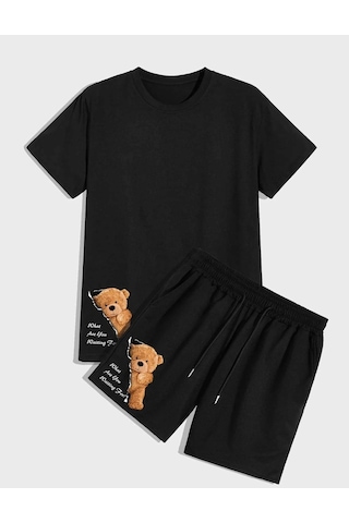 Siyah Ayıcık Baskılı Şort T-shirt Takım Siyah