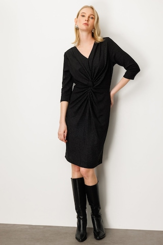 Önü Büzgülü Simli Midi Elbise Ekol Siyah