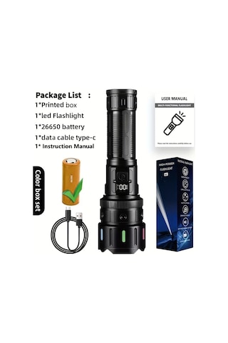 Xuweiwei 1 Adet Ultra Parlak Siyah Led El Feneri Alüminyum Alaşım 1200 Lümen Şarj Edilebilir Standart Renk Kutu Seti Ters Şarj 5 Mod Type C Şarj Portu Kamp Balık Tutma Hediye Siyah