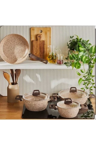 7 Parça Krem Rengi Döküm Tencere Seti Ve Tava Granit Kaplama, Şık Ve Dayanıklı Siyah