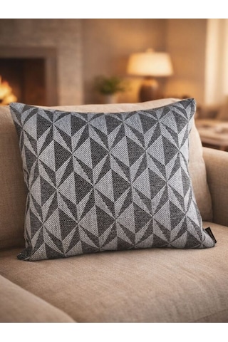 Mrs Gugar 43x43 Keten Kırlent Kılıfı Açık Gri Antrasit Geometrik Desenli Dekoratif Yastık Kılıfı Açık Gri - Koyu Gri