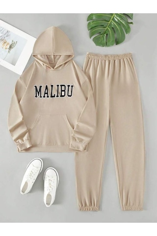 Malibu Eşofman Takımı Sweatshirt Jogger - Bej Baskılı Oversize Şardonlu Kapüşonlu Bej