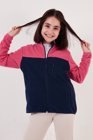 Lela Yumuşak Dokulu Fermuarlı Renk Bloklu Dik Yaka Cepli 2'Li Paket Hırka Çocuk Polar 5905001S2 Fuşya Lacivert-Lila Siyah