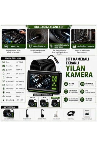 10 Metre Çift Lens Ekranlı Yılan Kamera 5.5mm Lens Sert Kablo
