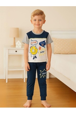 Zekids Erkek Çocuk Eğlenceli Baskılı Kısa Kollu Pijama Takımı-16033 Beyaz