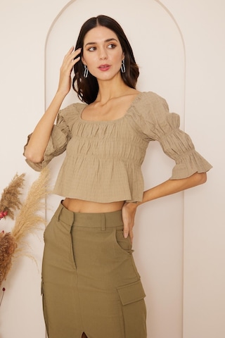 Darlin Moda Haki Büzgülü Crop Bluz Dm7001