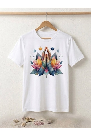 Lotus Ve Dua Eden El Baskılı Kompak T-shirt Beyaz