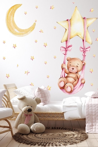 MSticker Yıldızda Sallanan Ayıcık Ay Ve Yıldızlar Çocuk Bebek Odası Sticker Seti
