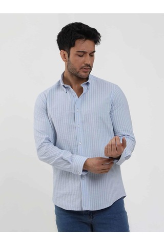 Dufy Mavi Erkek Slim Fit Çizgili Düğmeli Yaka Uzun Kol Gömlek - 104900-mavi Mavi