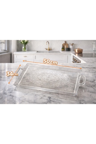 Makri Home 50x34 Cm Şeffaf Motifli Büyük Boy Plastik Kulplu Tepsi, Şık Kristal Sunum Tepsisi Şeffaf
