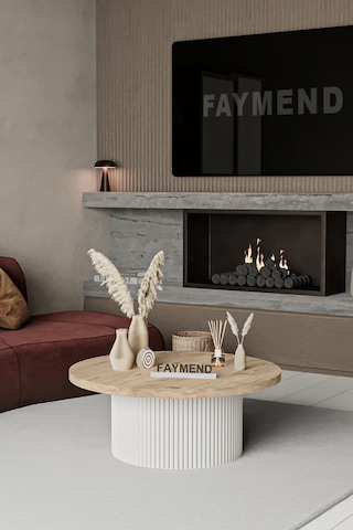 Faymend Kooky Modern Yuvarlak Beyaz - Meşe Ahşap Orta Sehpa '70cm' Krem