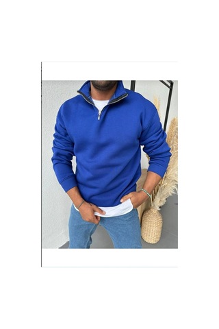 Macklin Unisex Kadın Erkek Baskısız Yarım Fermuarlı Dik Yaka Basic Sweatshirt Mavi Mck0602 Mavi