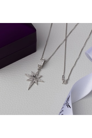 Kuzey Kutup Yıldızı Model Zirkon Taşlı 925 Ayar Gümüş Kadın Kolye-1 Gümüş - Rodyum