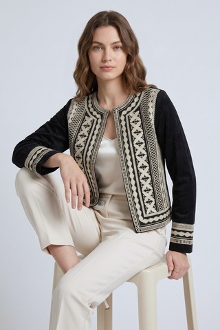 Saade Siyah Kadın Oversize Bisiklet Yaka Önü Açık Nakışlı İnce Gabardin Ceket