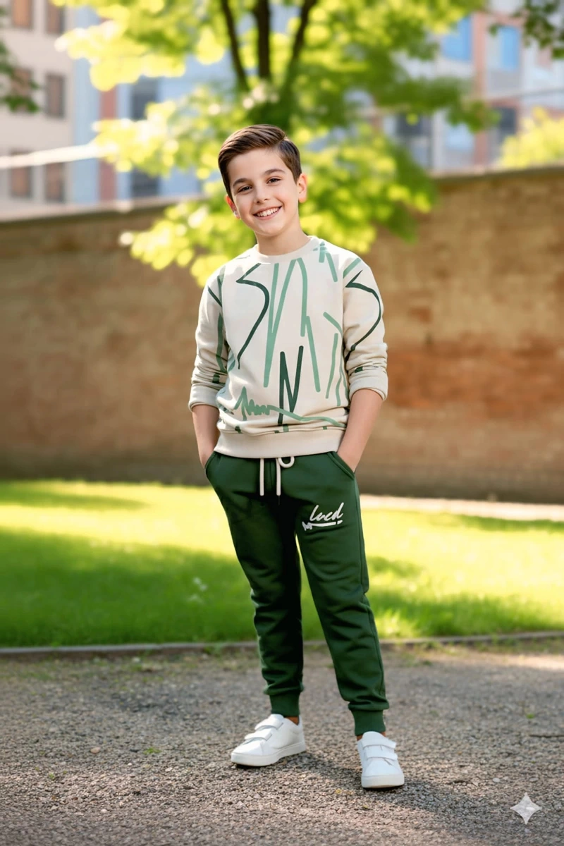 Çizgi Desenli Yeşil Renk Erkek Çocuk Eşofman Takım Yeşil