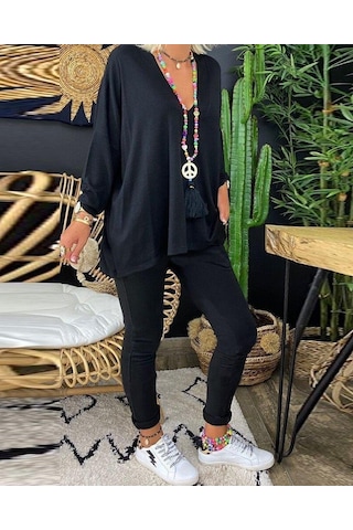 Kadın Uzun Kollu Derin V Yaka Ön Kısa Arka Uzun Viskon Bluz Siyah