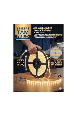 5mt Günışığı 3000k , Şerit Led ,mutfak Dolabı Tezgah Aydınlatması Led,1 Metrede 120 Led Yüksek Lümen,12v ,yapışkanlı Led Işık Trafo Hariç Günışığı-3000k