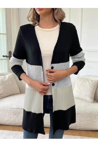 Kadın Uzun Kollu Çok Renkli Önden Düğmeli Uzun Ceket Siyah