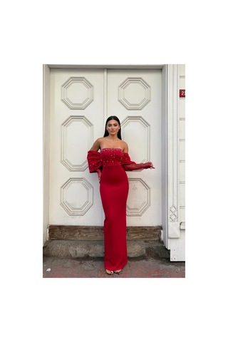 Lior Design Kadın İnce İşçilik Esnek Tül Kumaş Straplez Abiye Elbise Kırmızı