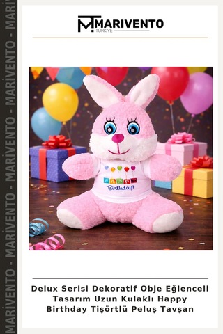 Delux Serisi Dekoratif Obje Eğlenceli Tasarım Uzun Kulaklı Happy Birthday Tişörtlü Peluş Tavşan Çok Renkli