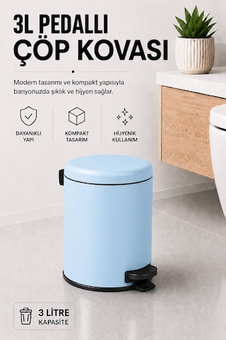 Sas Haus Pedallı Çöp Kovası 3 Litre İç Kovalı Kapaklı Banyo Çöp Kutusu Bebek Mavisi - Elit 7003 Mavi
