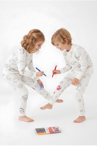 Bunny Hopp Çocuk Boyanabilir Uzun Kollu Pijama Takımı %100 Pamuk Yıkanabilir Ve Tekrar Boyanabilir Penye 6'lı Kalem Hediye Beyaz