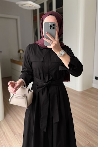 Kahijab Düğmeli Pile Detay Poplin Elbise - Siyah