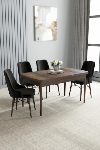 Zümra Serisi, Barok Ahşap Desen 80x132 Açılabilir Mdf Mutfak Masası Takımı 4 Adet Sandalye, Siyah