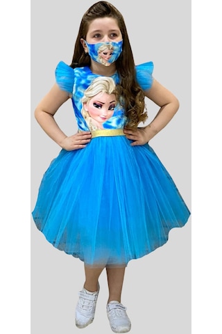 Maske Hediyeli Tül Detay Elsa Elbise Mavi