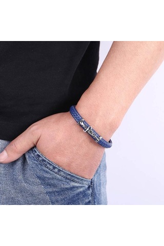 Punk Paslanmaz Çelik Örgülü Erkek Deri Bileklik Erkek Deri İp Eklemli Titanyum Çelik Bileklik Siyah