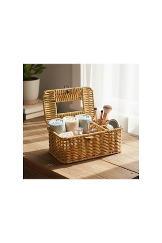 Kapaklı Doğal Rattan Görünümlü Hasır Organizer Sepet, 24x10x10 Cm Açık Ahşap